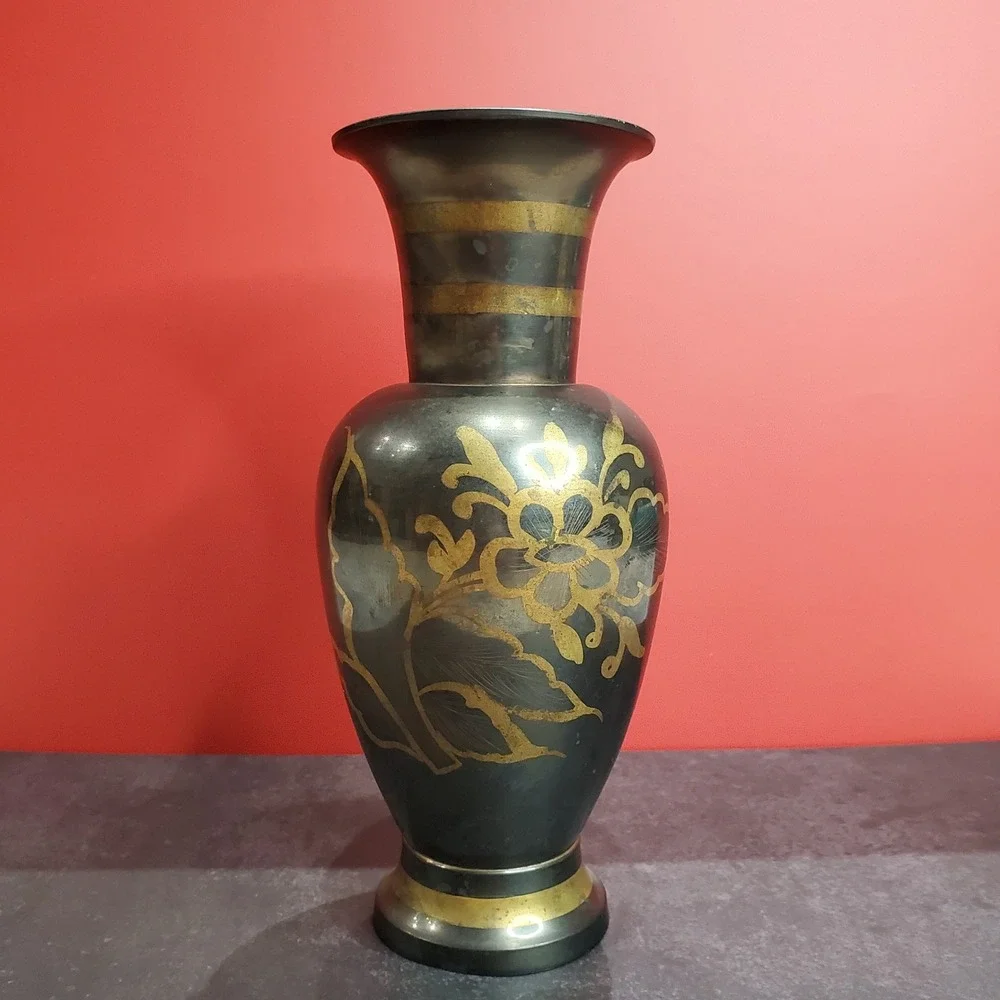 Vintage Hand-Etched Black & Gold Brass‎ Vase Made in India Mid-Century Decor